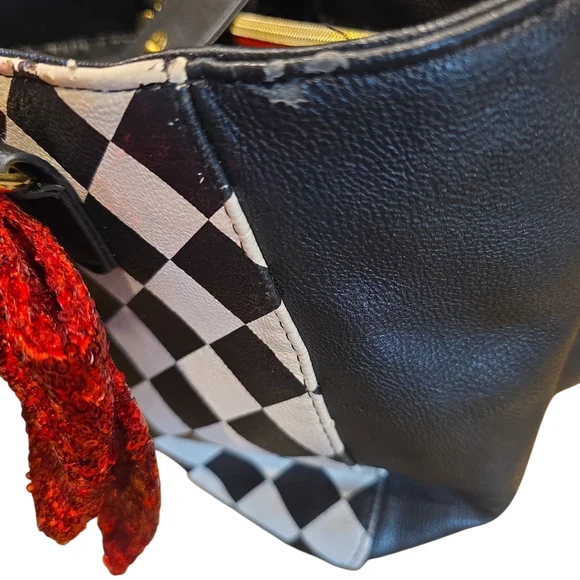Betsey Johnson Black and White Checkered Shoulder Bag with Red Bow - Picture 3 of 6